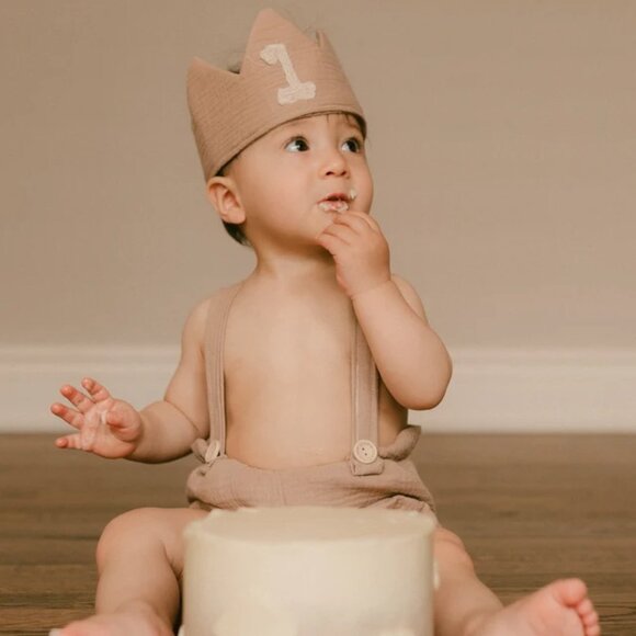 Handmade Fabric first Birthday party CROWN hat (Color dark TAN) for baby - Picture 6 of 7